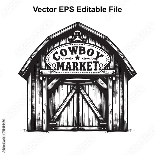 Vector art of vintage cowboy market building with rustic wooden facade