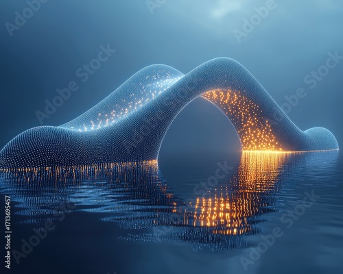 Abstract digital bridge over water.  Dynamic glowing structure