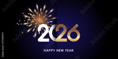  New Year's banner with fireworks for 2026 on a dark blue background. Vector illustration.