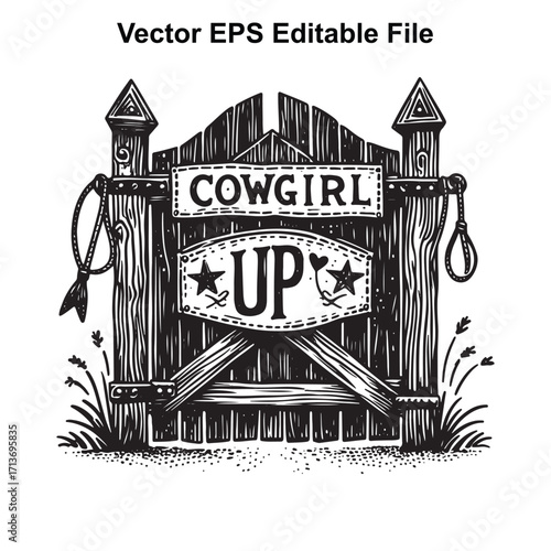 Vector art of rustic wooden gate with cowgirl up sign