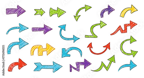 Collection of hand drawn arrows in various styles isolated on transparent background