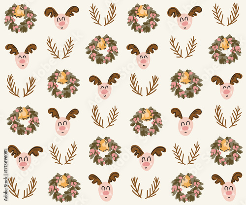 Wreaths with bells, reindeers and branches forming a maximalist holiday pattern in colors of pink, green, yellow, brown on off white. Christmas seamless vector pattern. Great for home decor, fabric.