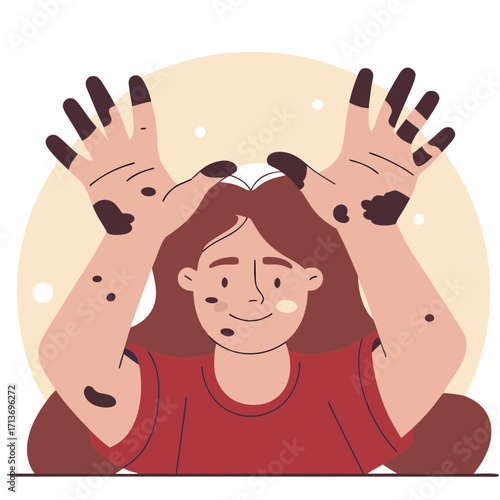 Girl with messy hands smiling while raising arms in playful expression  