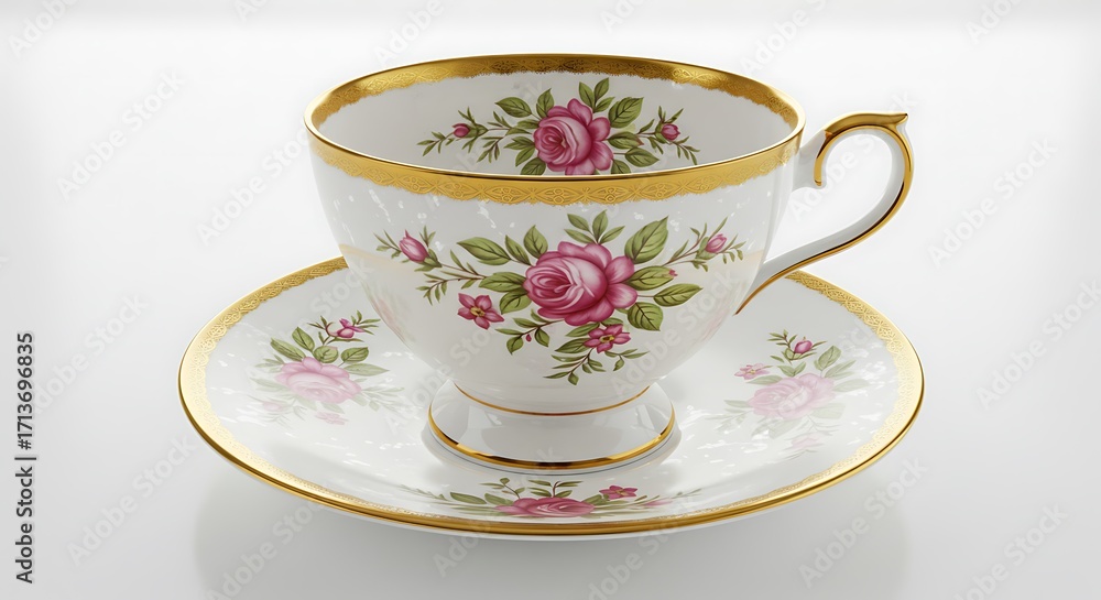 Fototapeta premium Elegant Floral Teacup and Saucer Set with Gold Trim.