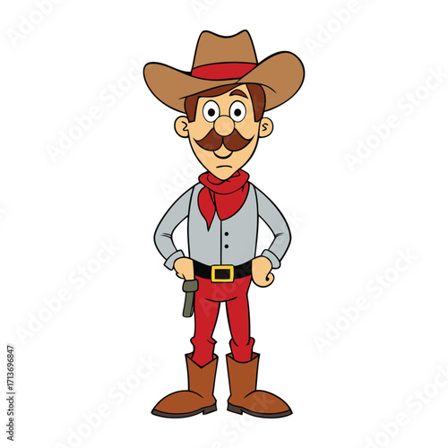 A rugged Wild West cowboy, hat tipped low, boots dusty from the trail, lasso in hand, standing strong against the desert sunset, embodying frontier spirit.
