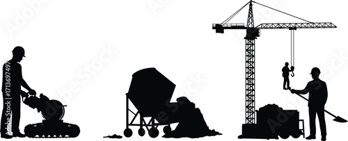 Construction workers operating road cutter, concrete mixer, crane, and lifting suspended worker – vector illustration of industrial building site activity.