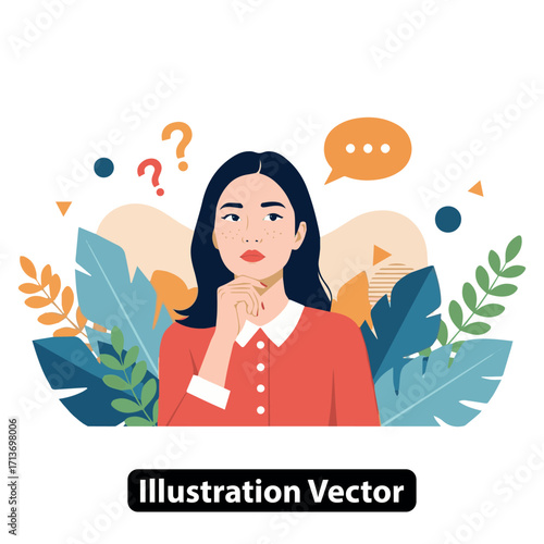 Young Woman Thinking With Question Marks And Thought Bubble Surrounded By Leaves Illustration