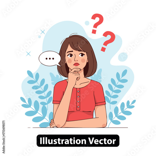 Woman contemplating with question marks and thought bubble A vector illustration of uncertainty