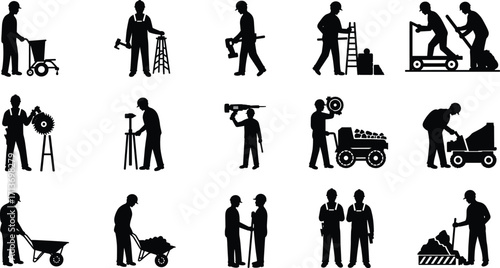Construction Workers Performing Various Tasks – Vector Silhouettes of Builders, Engineers, and Laborers with Tools and Equipment