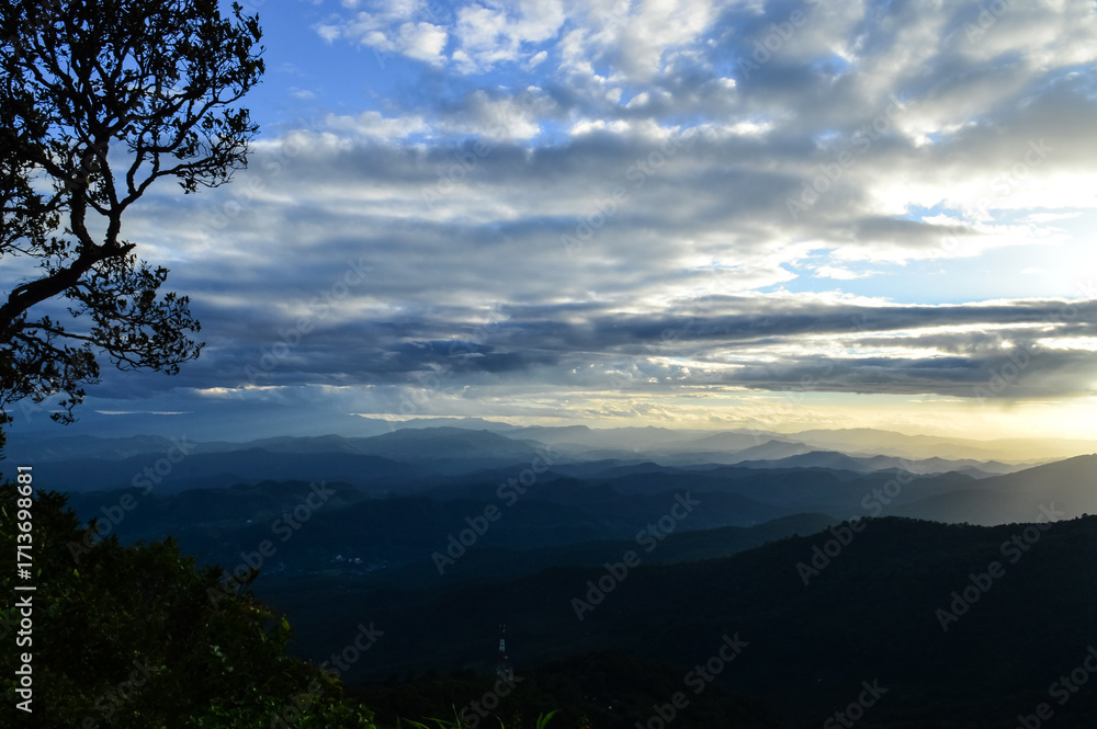 Fototapeta premium Landscape Sunset in Twilight time Over the Mountains in the Evening at Doi Suthep-Pui National Park,Chiang mai, Northern Thailand.
