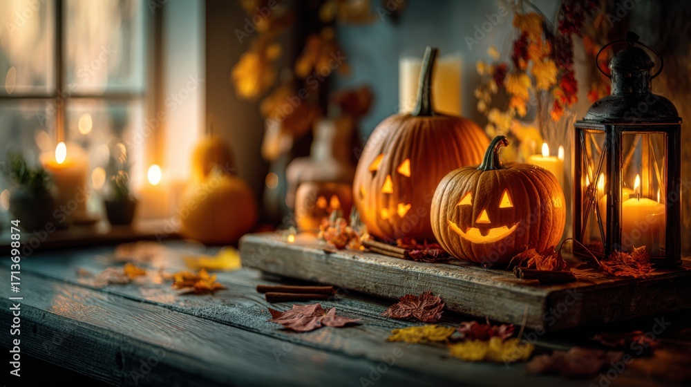 Obraz premium atmospheric photo of halloween pumpkin in autumn forest. pumpkin. halloween. autumn atmosphere
