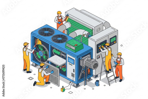 "Industrial HVAC System Servicing with Engineers Checking Controls and Cleaning Components"
