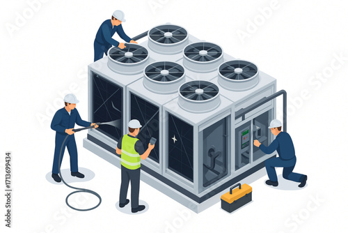 "Technicians Repairing and Cleaning Rooftop Industrial Air Conditioning Units"