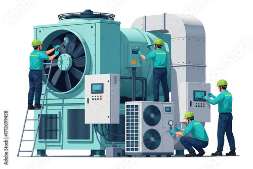 "Large Cooling Tower and HVAC Technicians Performing Maintenance and Inspections"
