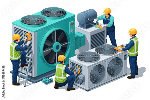 "Industrial HVAC Maintenance Crew Cleaning and Inspecting Cooling Equipment"
