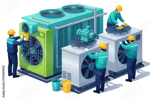 "HVAC Technicians Cleaning and Repairing Industrial Air Conditioning Units Outdoors"