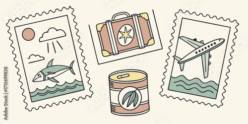 Summer travel postage stamps vector set featuring beach, airplane, suitcase, waves, boarding pass, stamps, and canned sardine. Perfect for icons, stickers, vacation design, and travel-themed illustrat