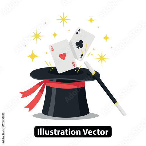 Magical Hat and Wand A Colorful Illustration of Cards and Wizardry in Playful Style