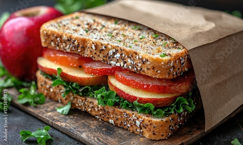Close-up of a wholesome apple sandwich in a brown paper bag on a wooden board