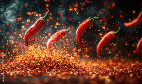 Red chili peppers exploding in a vibrant display of spice