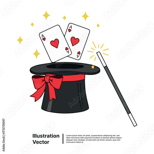 Conceptual illustration of a classic magic trick performance with a top hat and levitating aces
