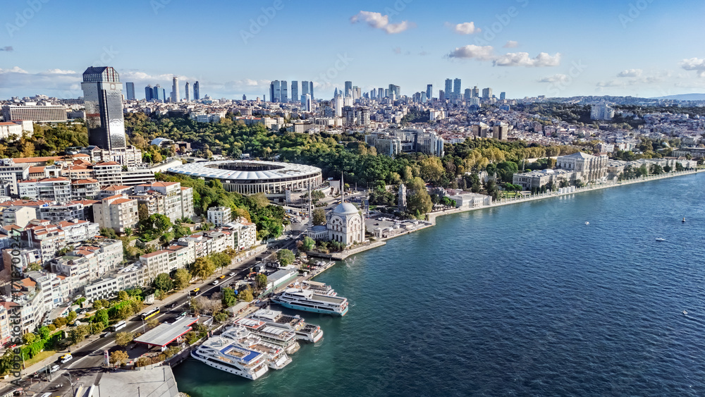Obraz premium Aerial drone view of Istanbul cityscape and Bosphorus Channel from above, Turkey