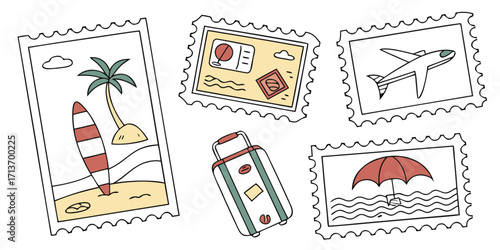 Summer travel postage stamps vector set featuring beach, airplane, suitcase, waves, boarding pass, stamps, and canned sardine. Perfect for icons, stickers, vacation design, and travel-themed illustrat