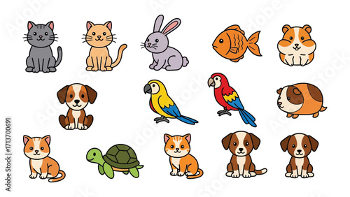 Adorable Pet Collection: An array of lovable pet animal, each uniquely captured in vibrant and playful digital illustrations, set against a clean backdrop. The collection includes a cat, puppy.