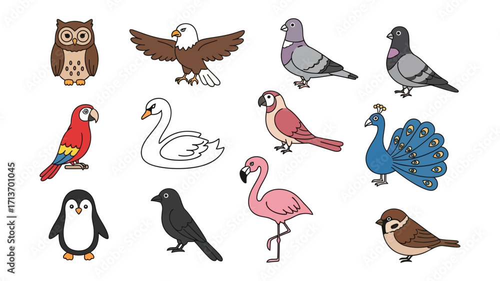 Obraz premium Birds of a Feather: A vibrant assortment of diverse bird species, from the wise owl to the regal eagle, showcases the beauty and variety of avian life with colorful illustrations.