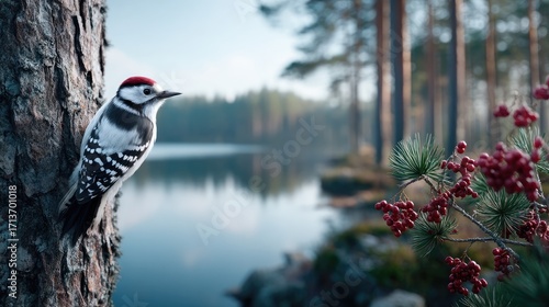 Fototapeta Naklejka Na Ścianę i Meble -  Close Up of a Red Capped Woodpecker on a Tree Trunk with Lake in the Background