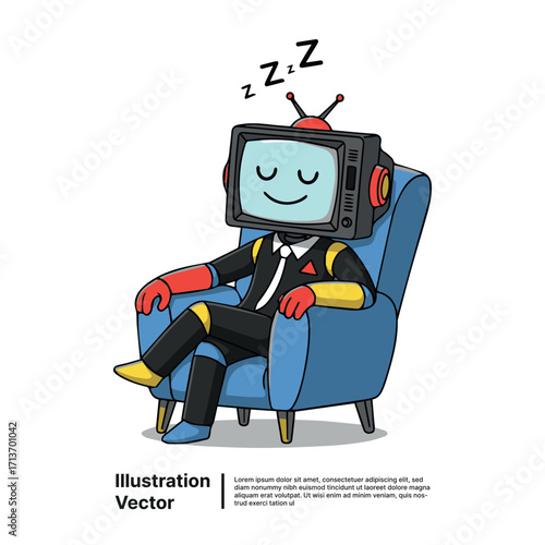 Retro television character wearing a suit peacefully sleeping in a comfy armchair