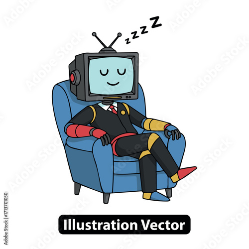 Television Head Character Napping in an Armchair, Whimsical Robot Asleep, Relaxing