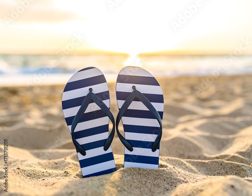 Striped flip-flops on beach sand at sunset