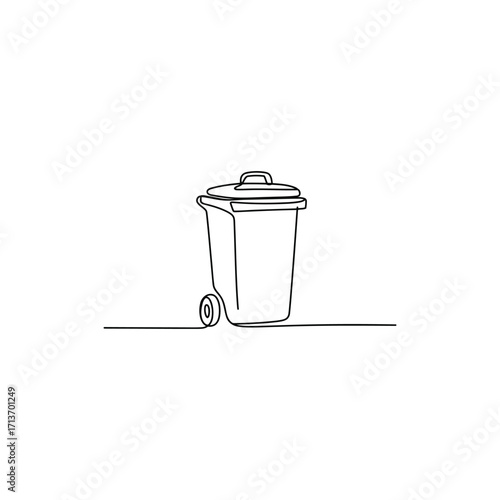Minimalist Continuous Line Art Drawing of a Wheeled Trash Can with Lid for Waste Disposal and Environmental Awareness