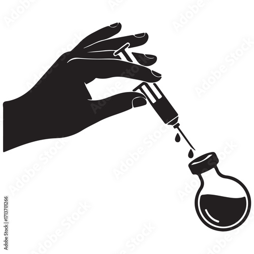 Silhouette of Hand Injecting Liquid into Flask – Medical and Scientific Concept