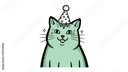 Whimsical Feline Festivity: An illustrated green cat dons a party hat, exuding charm and cheer in a delightful cartoon depiction.