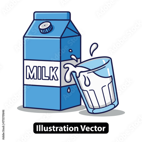 Dynamic vector illustration of a fresh milk carton and a glass with white dairy beverage splashing