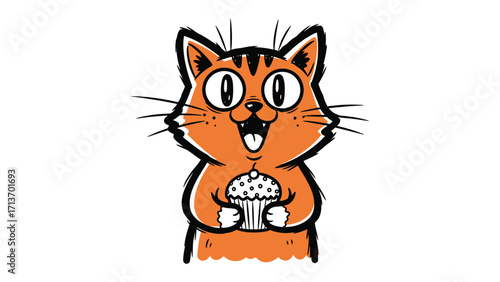 Cat with a cupcake: A cute cartoon cat with a friendly expression holding a cupcake, full of delight and fun!