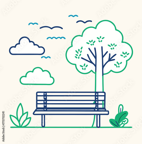 A tranquil park bench under a summer sky, nestled between a tree and lush green grass