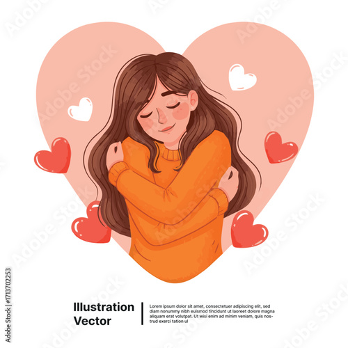 Concept of self-love and body positivity with a woman hugging herself surrounded by hearts