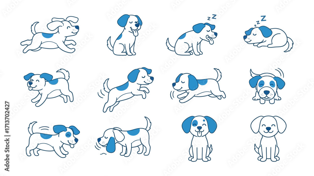 Fototapeta premium Puppy Cartoon Set: Delightful cartoon set of puppies, each exhibiting unique postures and emotions, ranging from playful to restful. A heartwarming illustration, conveying joy and canine character.