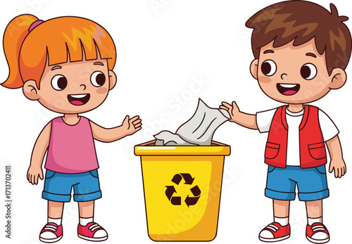 Cartoon children recycling paper, environmental awareness concept, sustainability education for kids, eco-friendly habits, waste management, school campaign, green lifestyle promotion