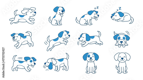 Puppy Cartoon Set: Delightful cartoon set of puppies, each exhibiting unique postures and emotions, ranging from playful to restful. A heartwarming illustration, conveying joy and canine character.