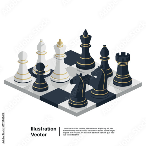 Isometric chess board with black and white pieces, strategic board game illustration