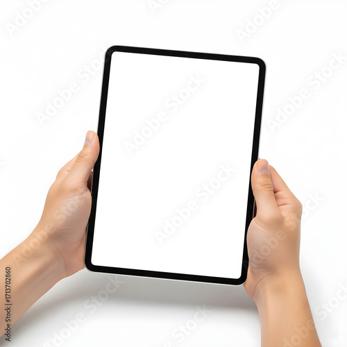 Student hands holding digital tablet with blank white screen