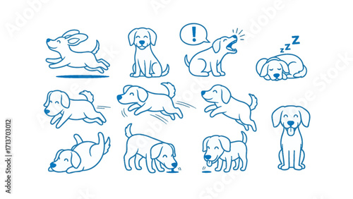 Playful Puppies in Action: Animated illustration of several charming cartoon puppies, capturing their boundless energy and distinct actions, from running and barking to sleeping and playing.