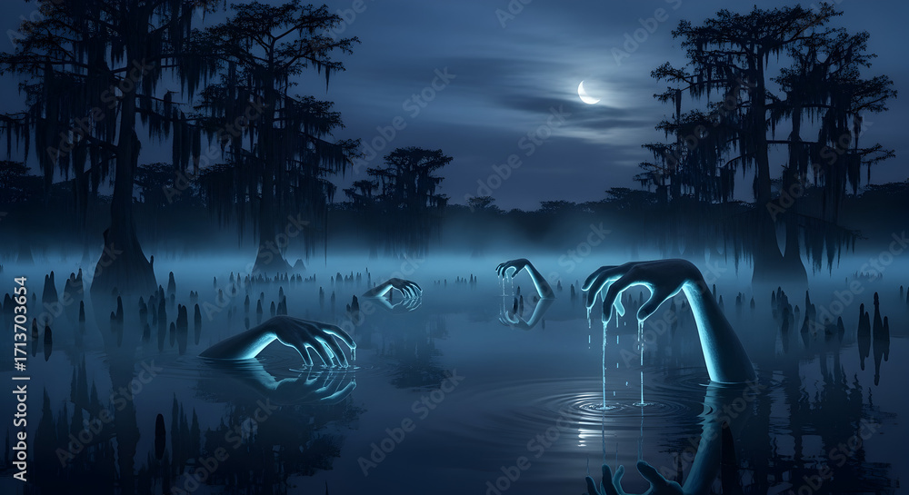 custom made wallpaper toronto digitalSwamp Haunt: An eerie swamp scene under a moonlit sky, with ghostly hands rising from the murky water, evokes mystery and suspense. The environment is shrouded in mist.