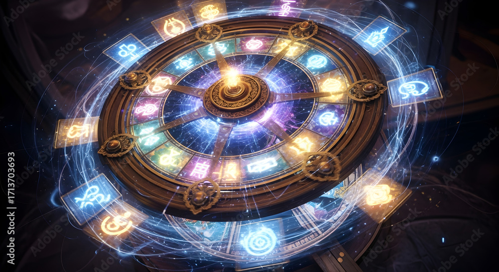 Fototapeta premium Cosmic Mechanism: A mesmerizing, circular arrangement of symbols, illuminated by an inner light, hints at mysteries of knowledge and the universe. 