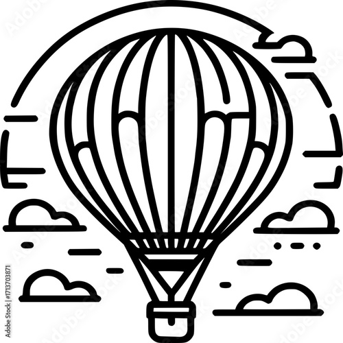 Hot Air Balloon Icon: A detailed line art illustration of a classic hot air balloon soaring through the clouds, evoking a sense of adventure and exploration.