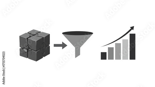 Advanced Data Fragmentation and Funnel Processing Visualization Leading to Exponential Growth Bar Chart for Strategic Business Insights and Performance Enhancement,with white Transparent background